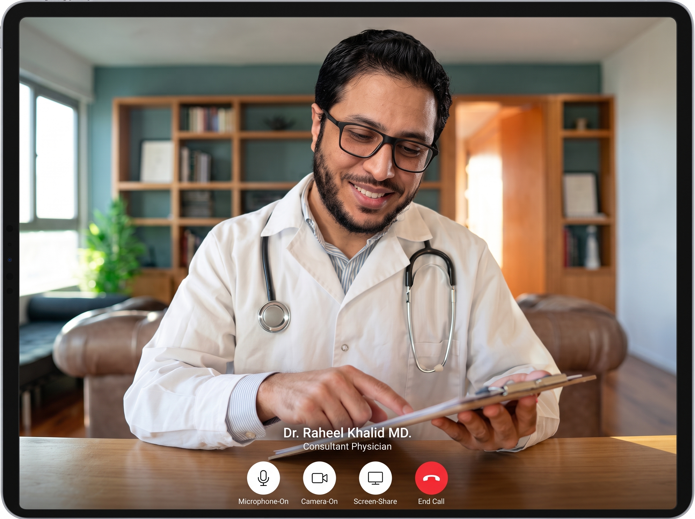 A clinician speaking with a patient during a telehealth visit